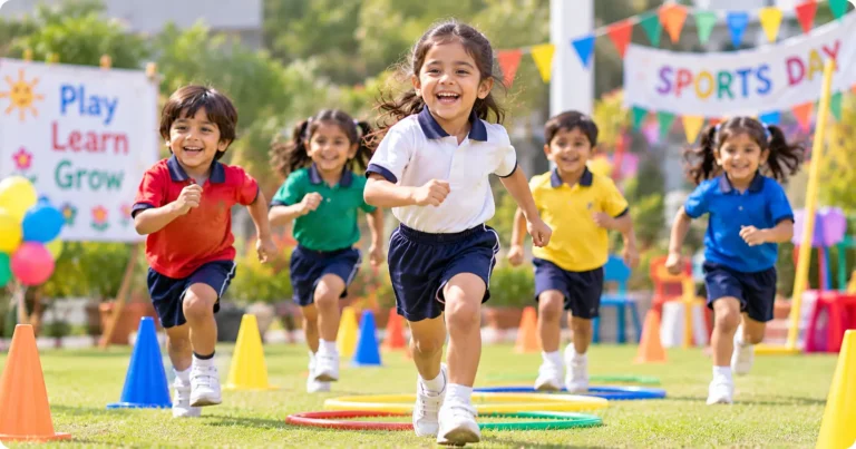 Children playing an outdoor group game during a sports activity