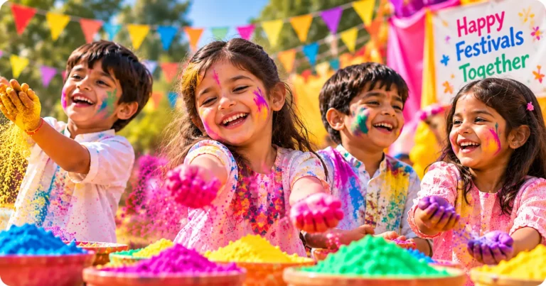 Children celebrating a festival together in colourful outfits