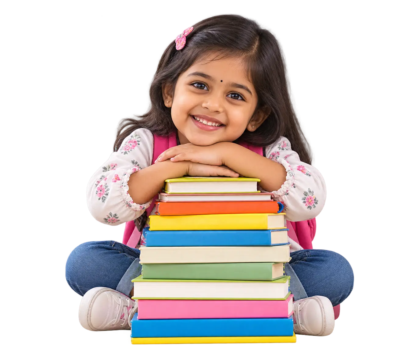 Smiling girl resting her chin on a stack of colourful books