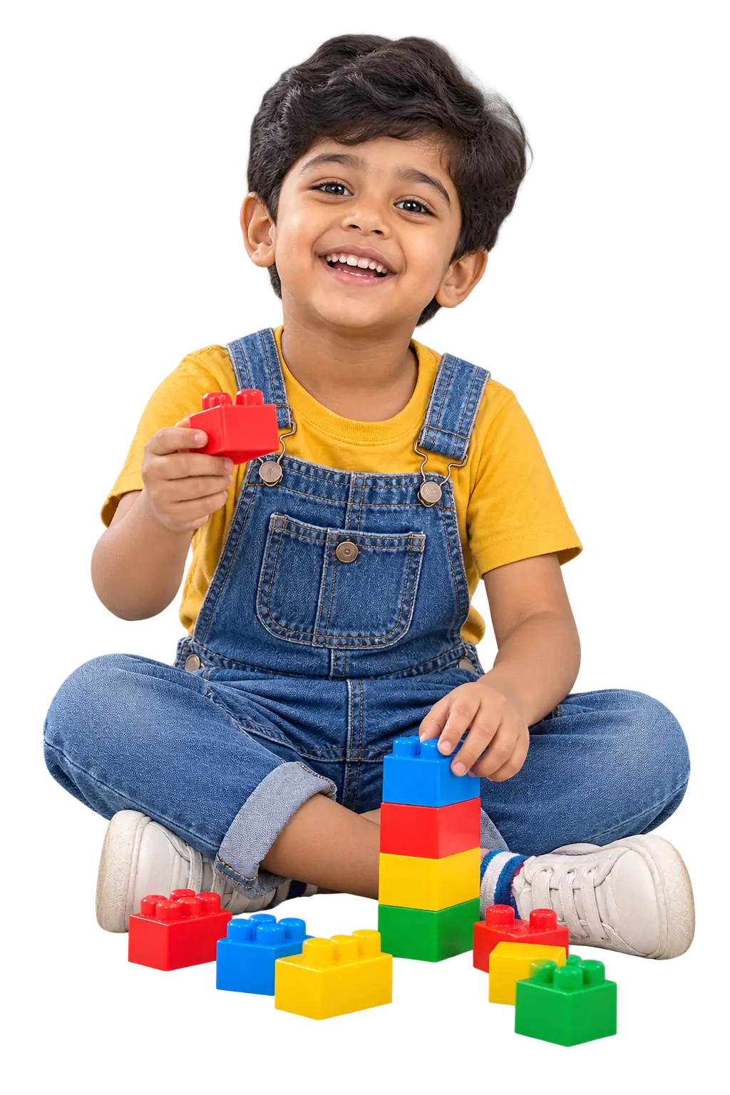 Boy in blue dungarees building with colourful block