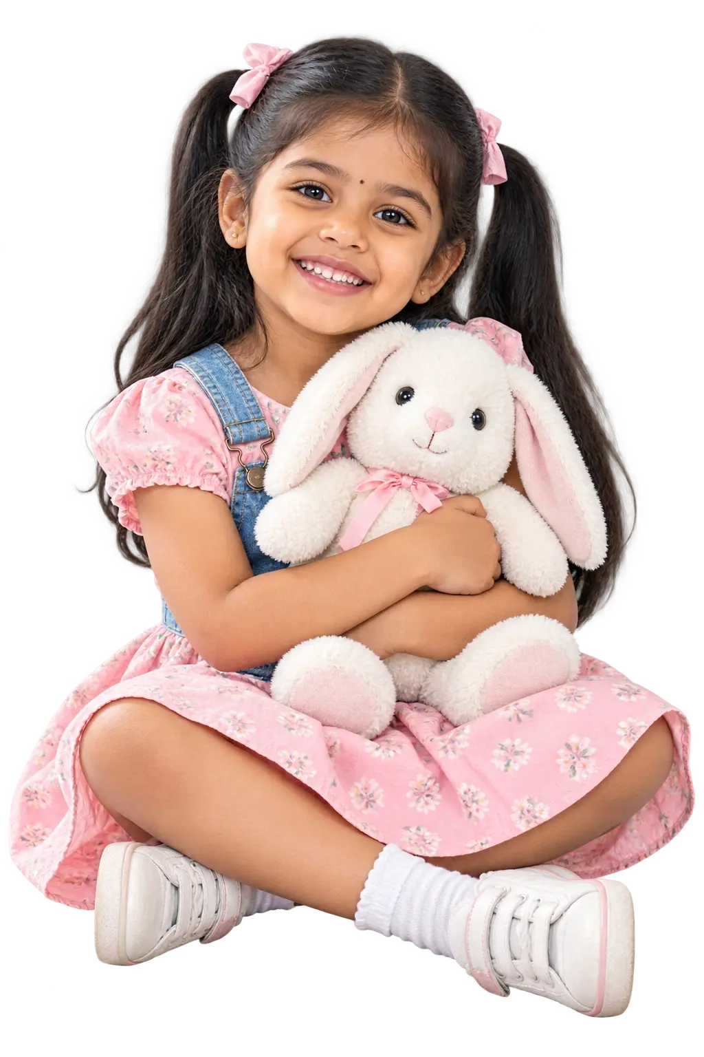 Smiling girl in a pink striped dress hugging a toy bunny